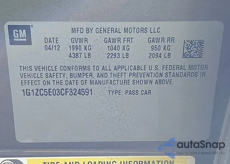 2012 Chevrolet Malibu 1Lt from USA, damaged, VIN 1G1ZC5E03CF324591